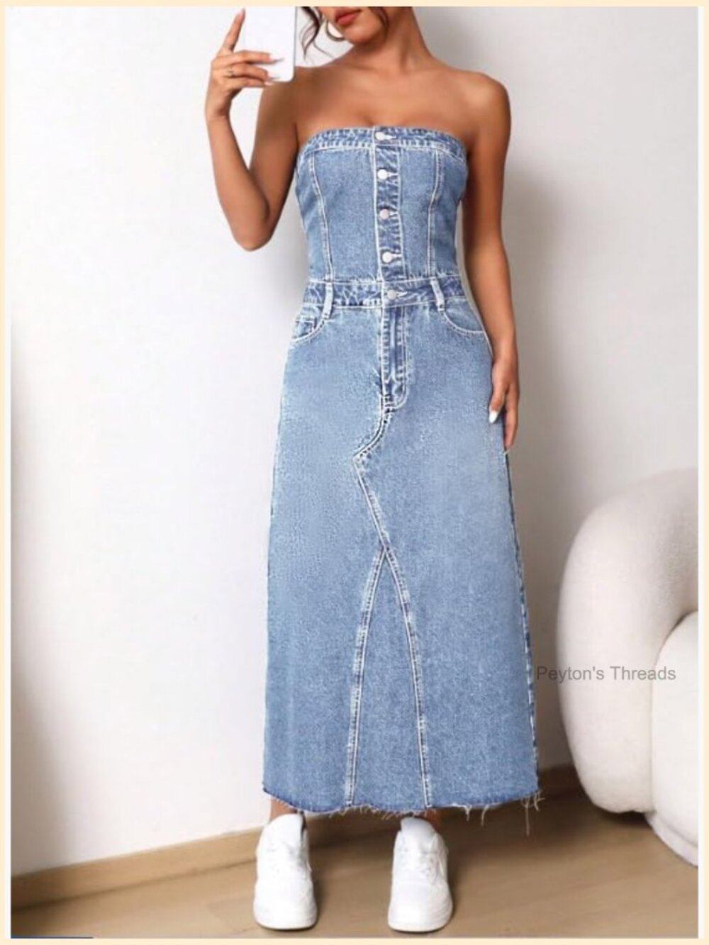 Strapless Denim Tube Dress Back Smocked Midi Slim Fit A-Line Sleeveless Party - Picture 5 of 6